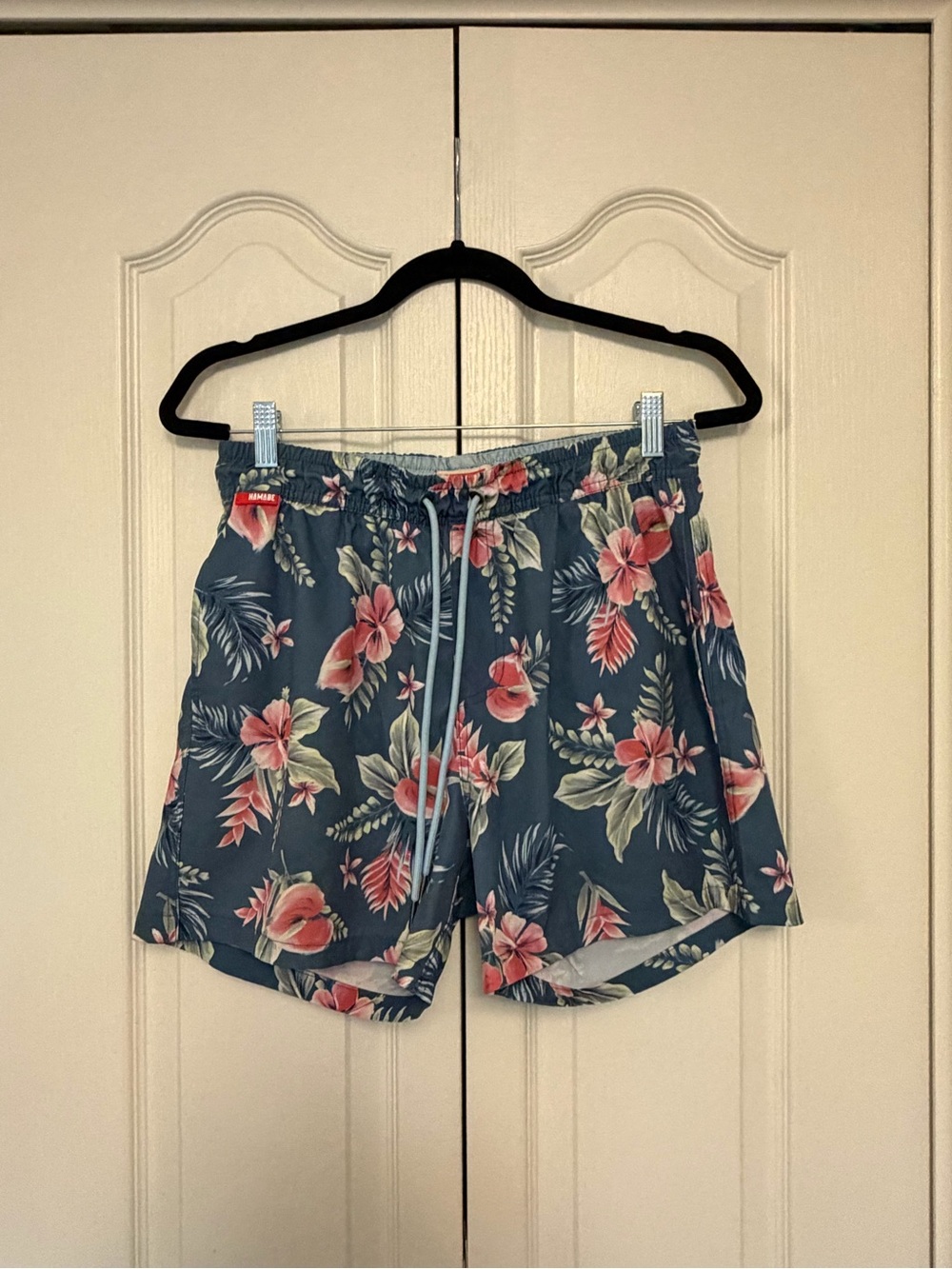Men's Blue Tropical Floral Swim Trunks with Pink Flowers